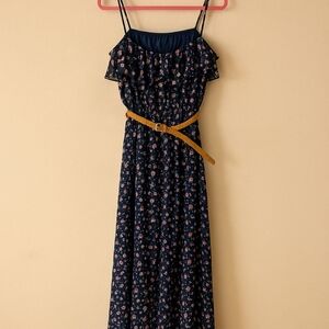 Rue21 Floral‎ Maxi Dress Navy Pink Purple Small w/ Tan Belt Boho Summer Spring